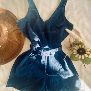 derek heart onesie medium denim jean summer romper with front tie zipper back